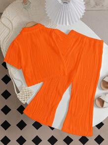 年輕女孩休閒舒適運動時尚經典2件套裝 - 橘色 - 查看 2