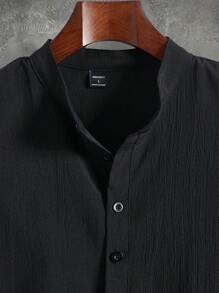 Manfinity Homme Áo sơ mi tay ngắn nửa nút màu trơn và quần dài có túi Bộ trang phục thường ngày mùa hè - màu đen - Xem 7