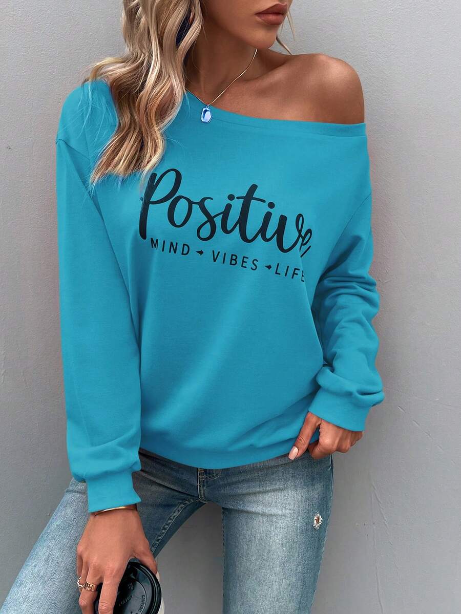 SHEIN LUNE Women's Simple Printed Daily Long Hoodie - Blue - View 1