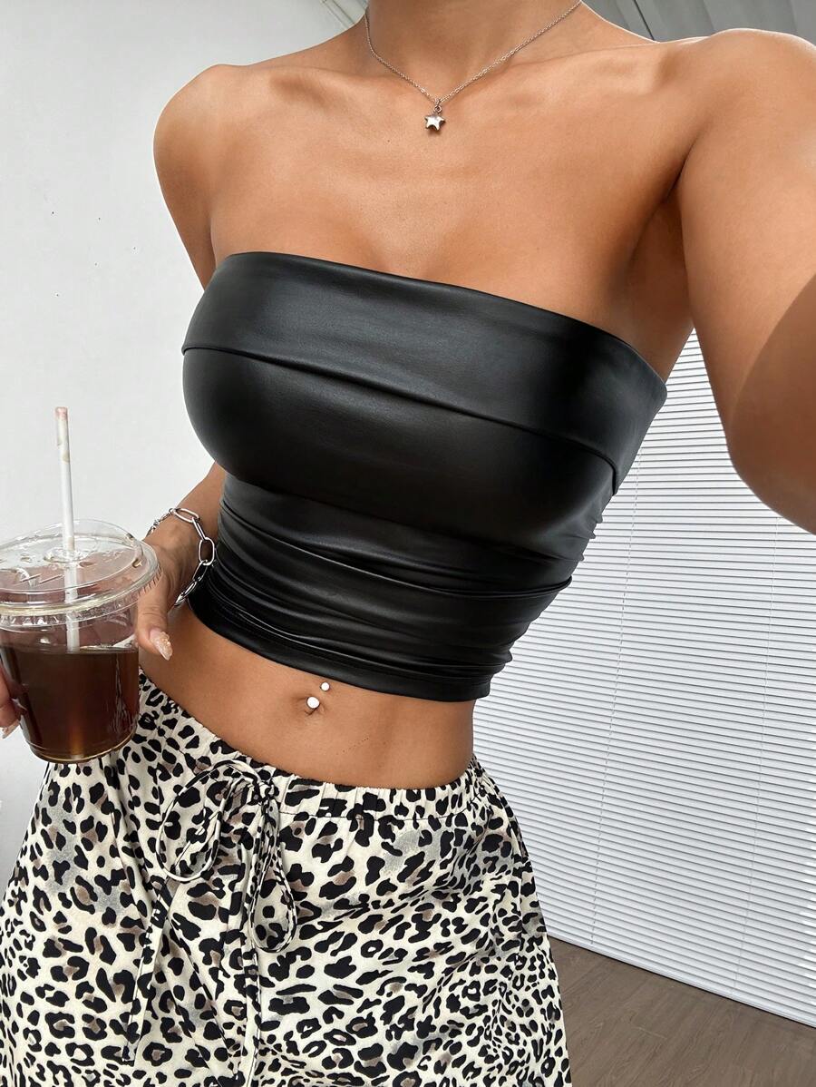 SHEIN EZwear Áo băng đô dệt kim gấp có ghim cài áo, hoàn hảo cho các lễ hội âm nhạc, rất phù hợp với áo khoác da - màu đen - Xem 1