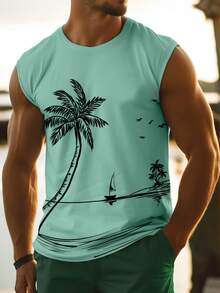 Manfinity RSRT Men's Casual Round Neck Wide Strap Tank Top With Plant Print, Summer - Mint Green - View 3