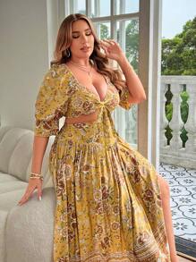 Breezaya Plus Size Floral Print Vacation Casual Tie-Front Crop Top With Side Slit Skirt Set