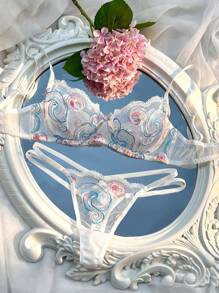 2pcs Women's Cute And Romantic Embroidered Underwear Set, Bra And Panty Set, Lingerie