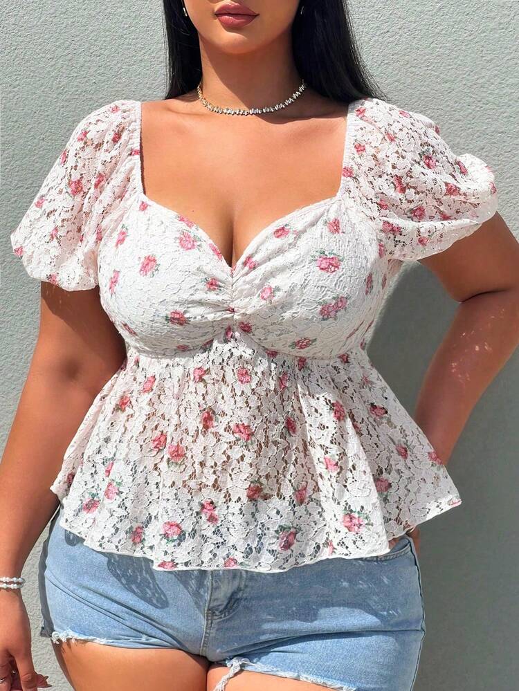 Plus Size Summer Casual Lace Sweetheart Collar Puff Sleeve Floral Shirt