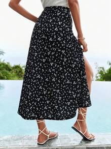 EURMUSE Ditsy Floral Print Split Thigh Skirt - Black - View 2