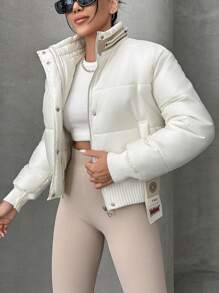 EURMUSE Solid Zip Up Special Design Puffer Coat - Beige - View 1