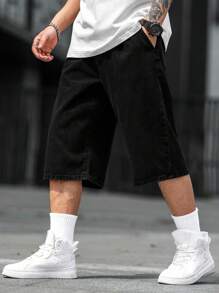 Manfinity Homme Men's Summer Casual Solid Color Denim Shorts - Black - View 6