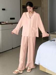 DAZY Satin Splicing Ruffle Hem Wave Lace Pajama Set - Baby Pink - View 5
