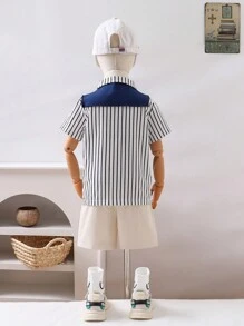 Baby Boys' Summer New Short Sleeve Woven Hong Kong Style Casual Striped Shirt And Sports Shorts Set With Knit Shawl And Accessories - Multicolor - View 2