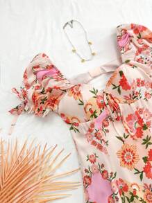 Soleia Đầm tay phồng in hoa đầy màu sắc phong cách đồng quê lãng mạn dành cho nữ, tiệc trà, trang trí bằng hoa 3D, hở lưng, chiều dài nhỏ, hoàn hảo cho kỳ nghỉ và hẹn hò - Nhiều màu - Xem 6