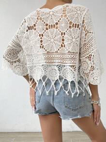 Swim Vcay Women's Solid Color Crochet Beach Cover-Up Top, Suitable For Summer,Summer Beach