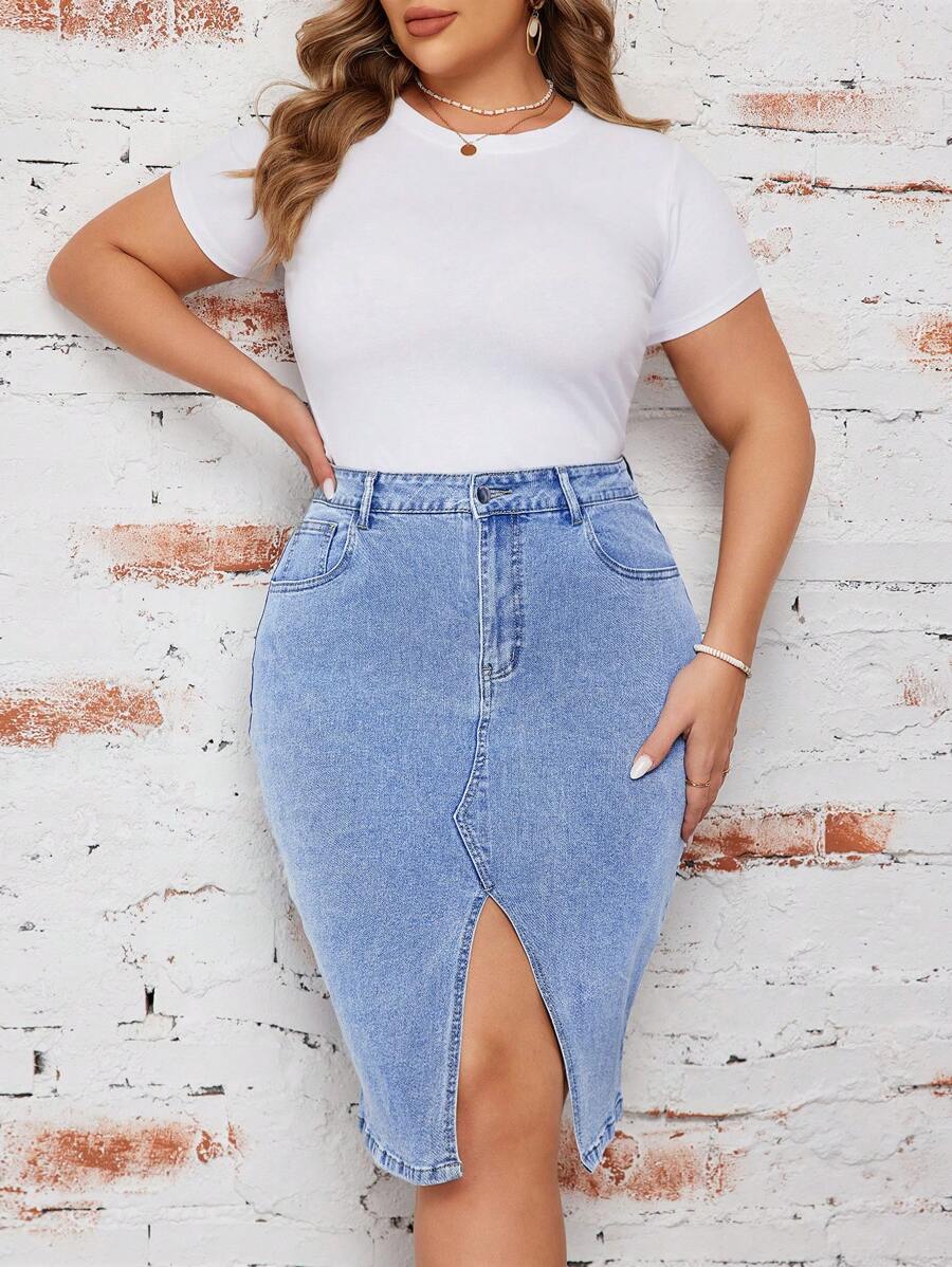 SHEIN LUNE Plus Size Stretchy Denim Pencil Skirt