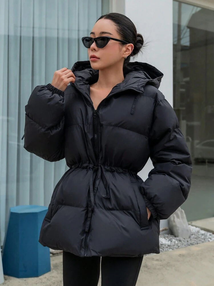 Women's Hooded Cinched Waist Loose Fit Long Sleeve Padded Coat, Winter Women Clothes, Padded Coat Women Jacket