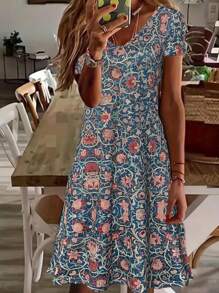 Váy nghỉ lễ in họa tiết cổ chữ V thời trang cổ điển dành cho nữ - Nhiều màu - Xem 1