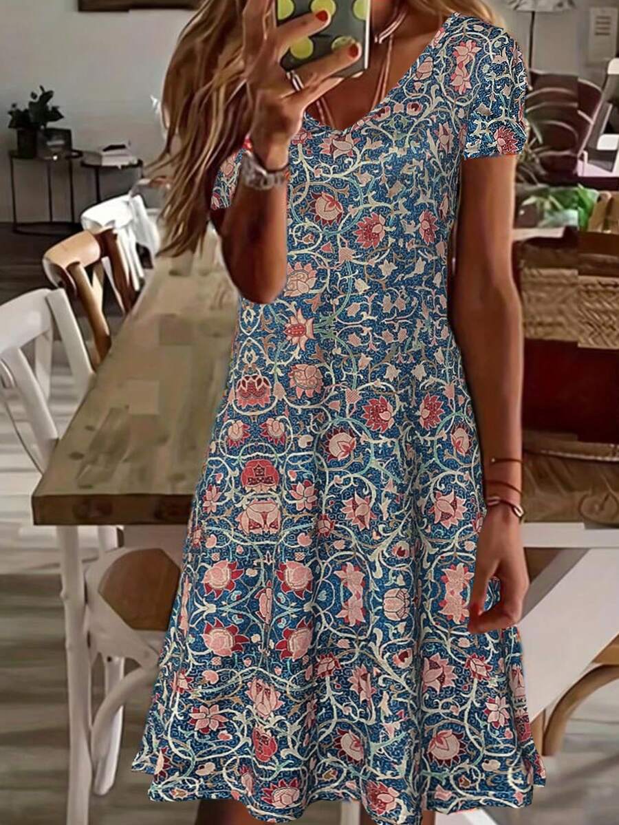 Váy nghỉ lễ in họa tiết cổ chữ V thời trang cổ điển dành cho nữ - Nhiều màu - Xem 1