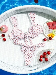 SHEIN Swim Women's Holiday Cherry Printed Front Knot Sexy Bikini Set(Random Pattern), With Underwire And Non-PUSH UP Design Bra & Bikini Bottom, For Summer Beach - Multicolor - View 2