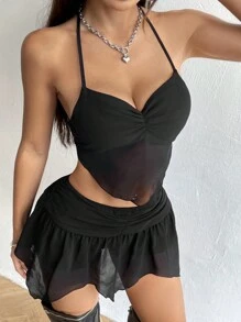 SHEIN Unity Sexy Babe's 2pcs Halter Crop Top And Pleated Mini Skirt Set - Black - View 6