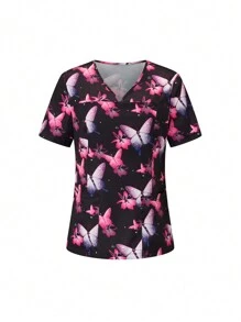 TaskEZ Women's Short Sleeve Printed Top & Solid Color Pants Uniform Set,Butterfly Pattern Scrub Set - Multicolor - View 5