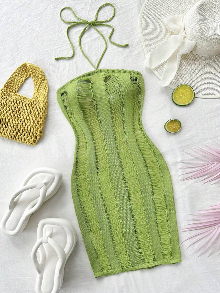 Soleia 女士度假風格綁頸帶腰帶特別中空針織夏季畢業典禮和婚禮派對可愛午餐綠色貼身連身裙 - 綠色 - 查看 1
