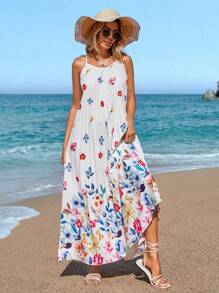 SHEIN VCAY Summer Women's Printed Spaghetti Strap Backless Long A-Line Pleated Vacation Floral Dress - Multicolor - View 3