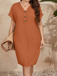 大尺碼純色蝙蝠袖假期休閒裙 - 棕色 - 查看 5