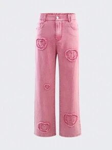 TEEN GIRL Y2K STREET Pink Heart Patch Detail Elastic Waist Straight Jeans - Hot Pink - View 1