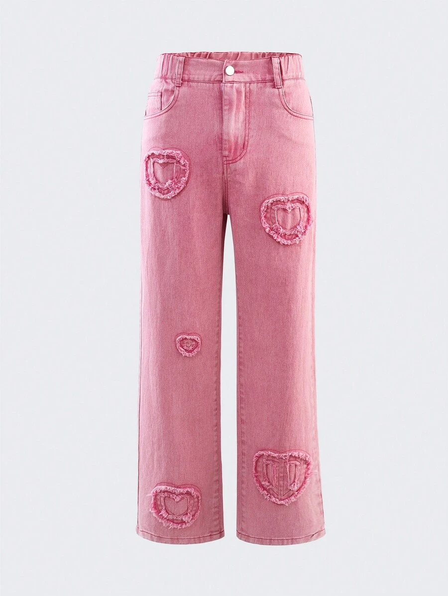TEEN GIRL Y2K STREET Pink Heart Patch Detail Elastic Waist Straight Jeans - Hot Pink - View 1