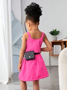 SHEIN Young Girls Solid Color Thick Shoulder Strap Vest And Belted Skirt, Summer Casual 2pcs Outfit