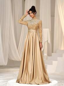 Faeriesty Women Elegant Women's Luxurious Ball Gown Evening Dress With Elegant Stand-Up Collar, Dazzling Sparkly Sequin Embellished Bodice, And Wide Waist-Defining Sash Belt, Sophisticated Fitted A-Line Silhouette For Grand Formal Occasions, Sparkling Full-Length Gown For Wedding Anniversary Gala, New Year's Eve Formal Dinner, Holiday Season Celebration, Red Carpet Awards Event, And Grand Opera Night New Year Outfit,Summer Holiday Outfits - Champagne - View 6