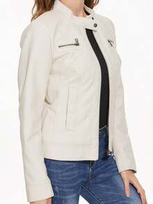 Jaqueta de Manga Longa com Zíper e Gola Sólida para Mulheres