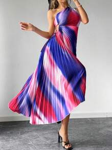 SHEIN Privé Thời trang mùa hè ombre Cổ bất đối xứng Khoét eo Váy xòe viền bất đối xứng - Nhiều màu - Xem 5