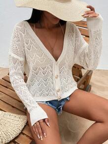 EURMUSE Women Crochet Cardigan With Button Details - Beige - View 5