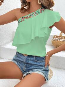 Breezaya Áo sơ mi nghỉ mát một vai in hoa mùa hè dành cho nữ - màu xanh lá - Xem 5