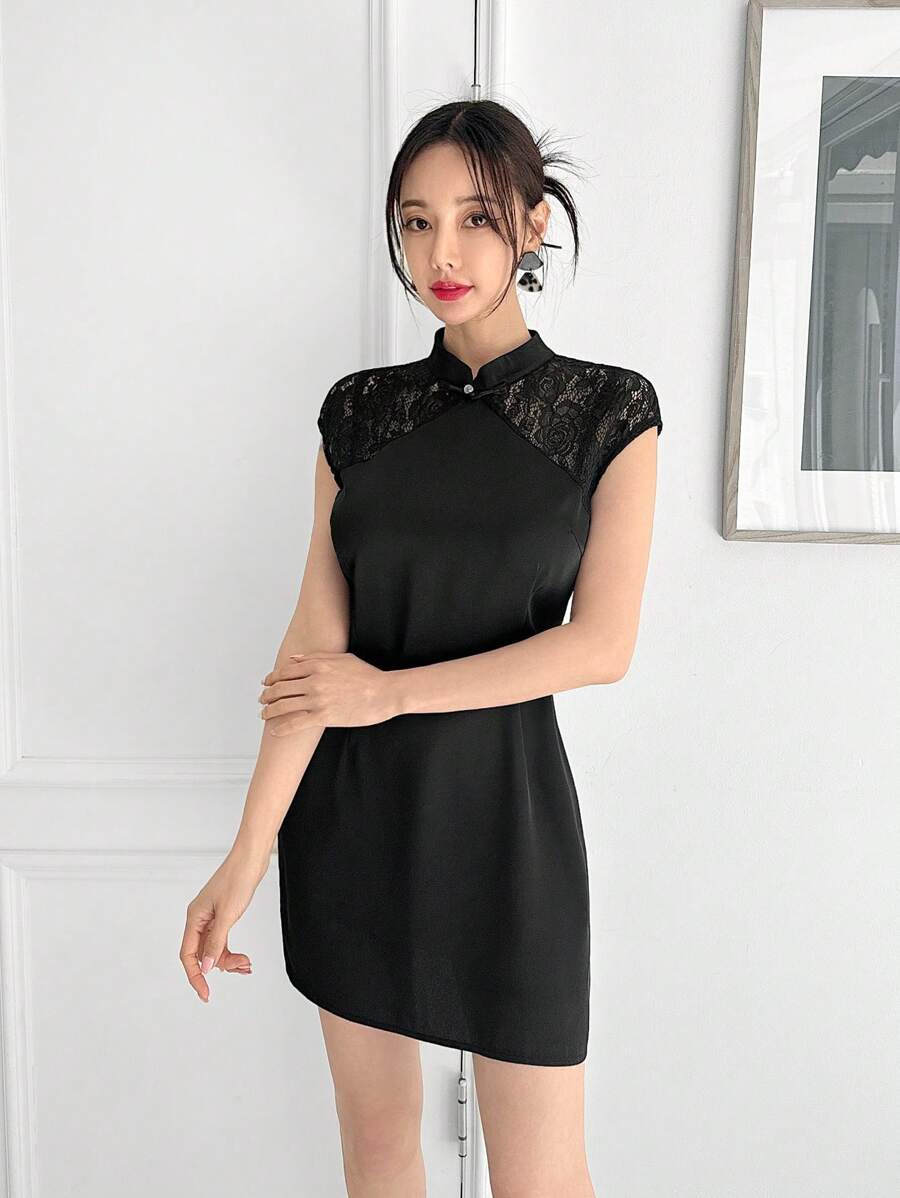 EastFlair New Chinese-Style Lace Patchwork Cheongsam Black Dress - Black - View 1