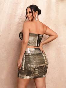 SHEIN BAE Plus Size Color-Block Street View Printed Mesh Corset Top And Ruched Street View Printed Mesh Spring Daily Outfits Skirt