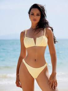 SHEIN Swim 女士夏季沙灘純色褶皺性感比基尼套裝，採用特殊面料 - 米色 - 查看 6