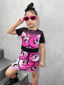 SHEIN Explorewe Girls (Little Kids) Cute Heart Pattern Print Coordination With Mini Skirt 2Pcs Set, Summer Vacation - Black - View 4