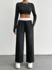 RueChic 女士寬腿褲，純色白條紋款式 - 黑色 - 查看 6