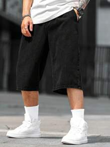 Manfinity Homme Men's Summer Casual Solid Color Denim Shorts - Black - View 8