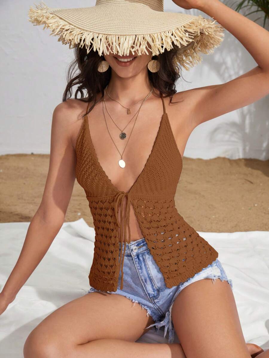 Soleia Fashionable Knitted Halter Backless Top For Vacation - Camel - View 1