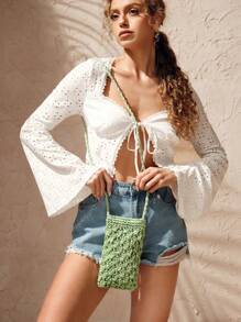 SHEIN VCAY Women's Solid Color Woven Crossbody Bag - Green - View 5