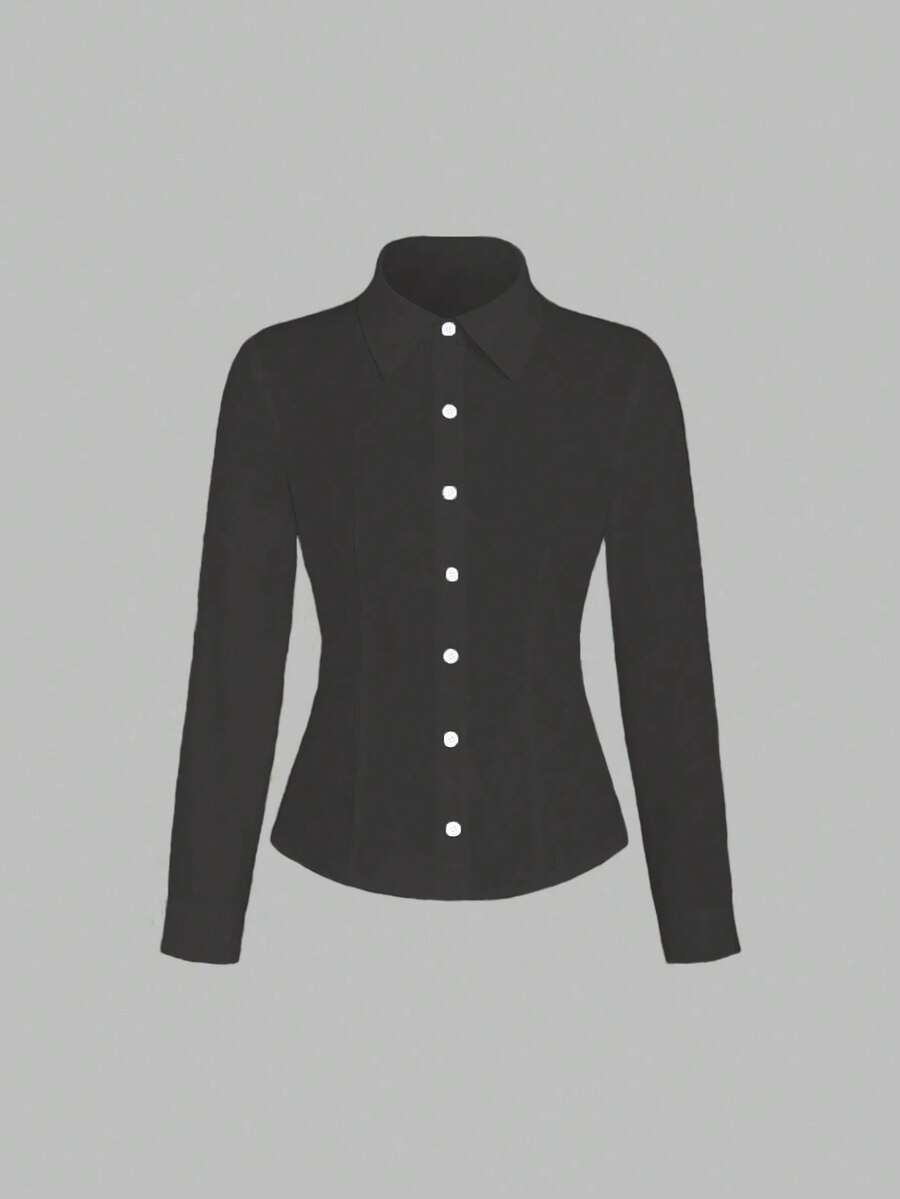 Chiquease 女士純色長袖日常通勤襯衫，春季/夏季 - 黑色 - 查看 1