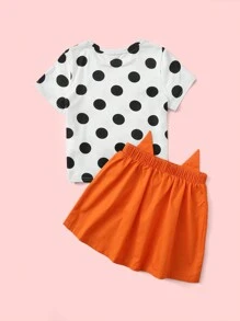 SHEIN Tween Girl Polka Dot Print Top & Triangle Trim Cartoon Embroidered Skirt Set - Orange - View 2