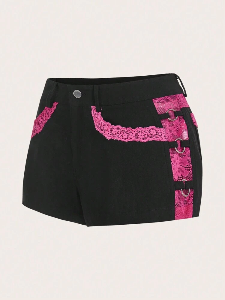 Y2k Slim Fit Low Waist Color-Block Lace Splice See-Through Shorts With Metal Rings Decoration On Both Sides Summer Black Shorts Low Rise Shorts Rave Festival Outfits