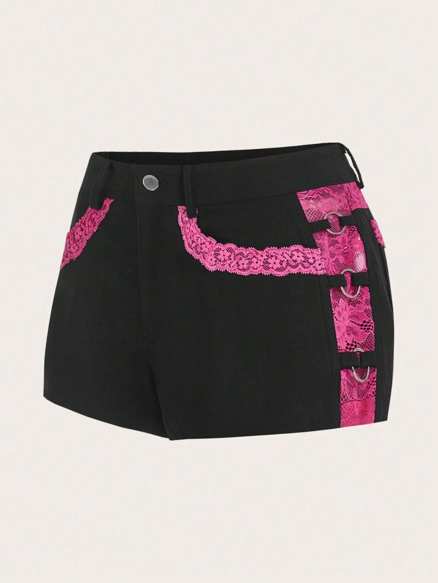 SHEIN ICON Y2k 修身低腰拼色蕾丝拼接透视短裤两侧带金属环装饰夏季黑色短裤低腰短裤狂欢节服装 - 黑色 - 查看 1