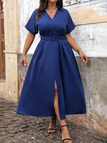 SHEIN Unity Plus Size Women's Fashion Solid Color Short Sleeve Shirt Dress - Blue - View 3