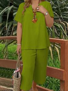 Top de manga corta y pantalones de pierna ancha de un solo color talla extra - Verde - Ver 1