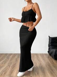 Muchica Women's Summer Fashionable Black Ruched Short Suspender Skirt And Long Camisole Romantic Holiday Set