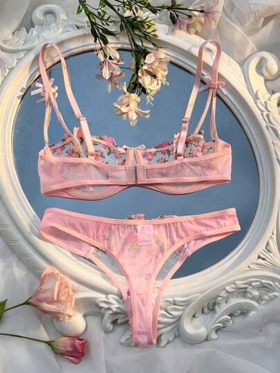 Roze Romantic Schattige Flower Geborduurde Mesh Verleidelijke BH Slipje Lingerie Set view 2