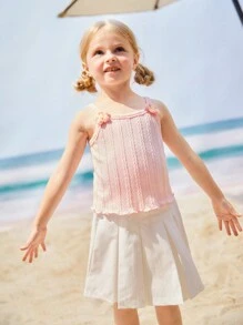 SHEIN 2pcs Young Girl Vacation Style Knit Jacquard Top With 3D Flower Decor Paired With White Woven Mini Skirt Set, Textured Fabric, Casual& - Pink - View 5